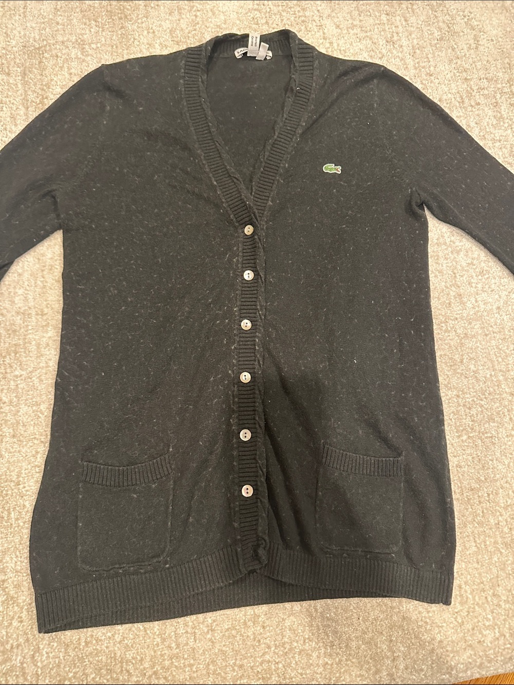 Lacoste Black V-Neck Button Cardigan with Patch Pockets